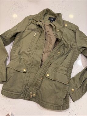 H&M Military-Style Olive Utility Jacket with Gold Hardware